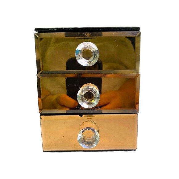 Allure Mirrored Jewelry Box Amber Smoke 3 Compartments Clear Crystal Gem Knobs - Picture 3 of 16